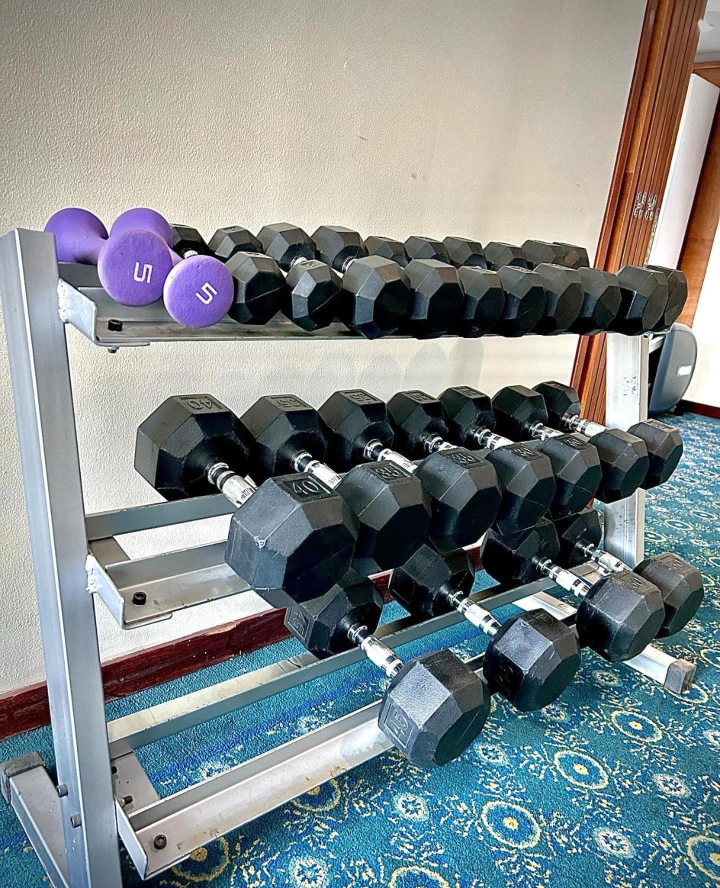 Torre Monserrate Bogota Exterior photo The photo shows a rack of dumbbells. There are several pairs of dumbbells arranged by weight on the rack, with the lightest weights on top and gradually increasing in size as you move down. The top shelf features purple dumbbells marked with the numb